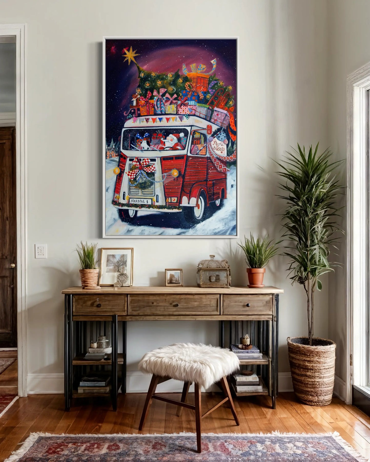Weihnachtsmann mit dem Citroën HY - Leinwanddruck auf Keilrahmen - Handveredelt– fast wie ein Original ab 345 €