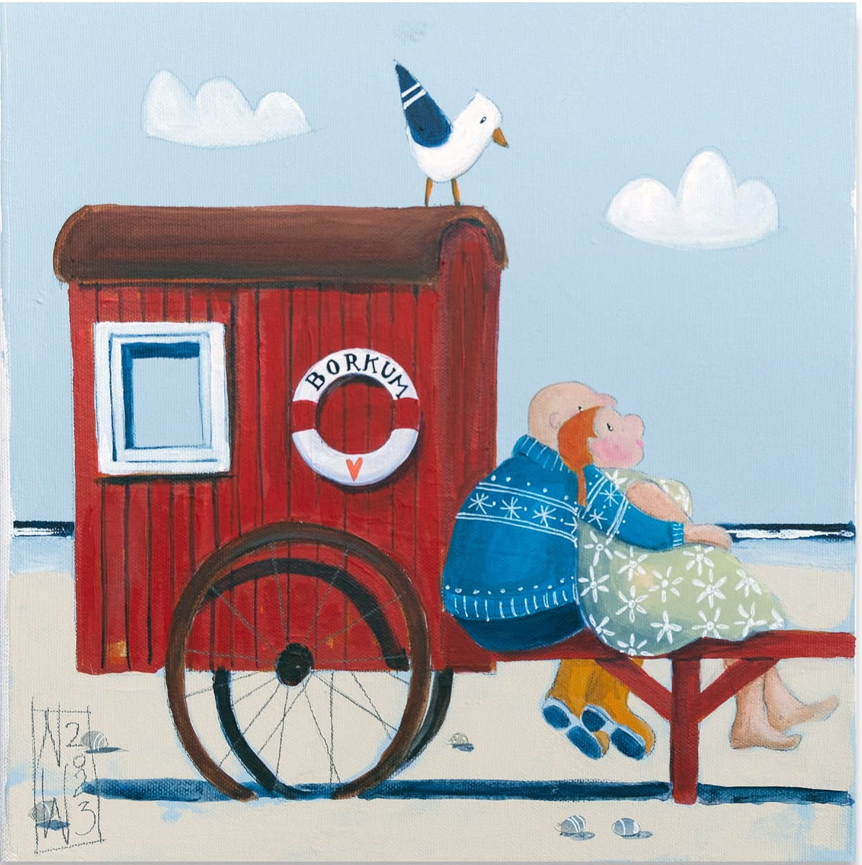 Rote Badekarre mit älteren Pärchen Borkum Leinwanddruck auf Keilrahmen gemalt von Nicole Wenning