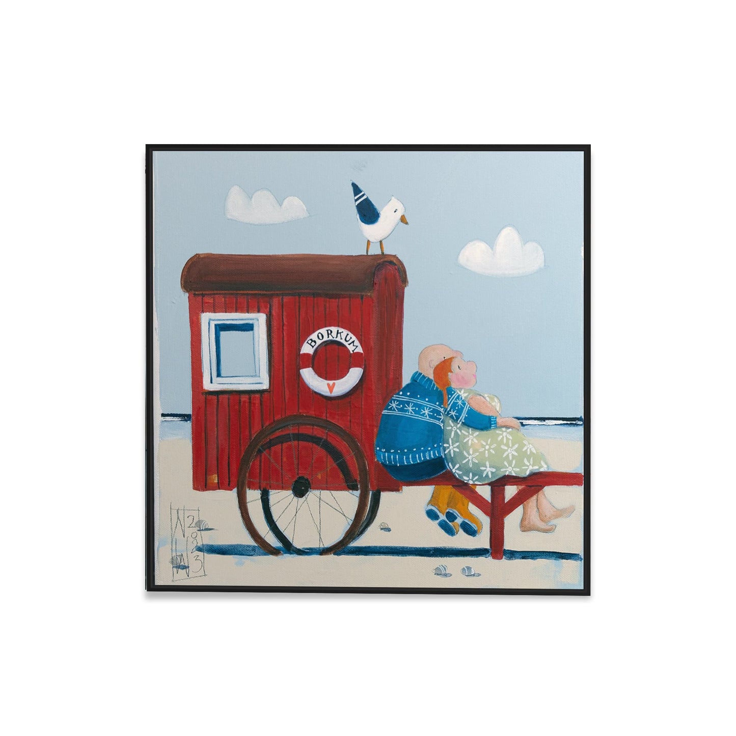 Altes Pärchen mit roter Badekarre Borkum Leinwanddruck auf Keilrahmen gemalt von Nicole Wenning