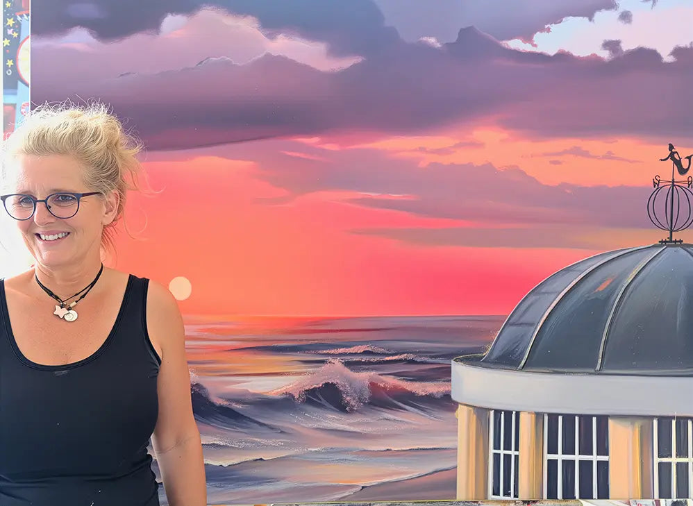 Sonnenuntergang am Borkumer Pavillon – Leinwanddruck auf Keilrahmen