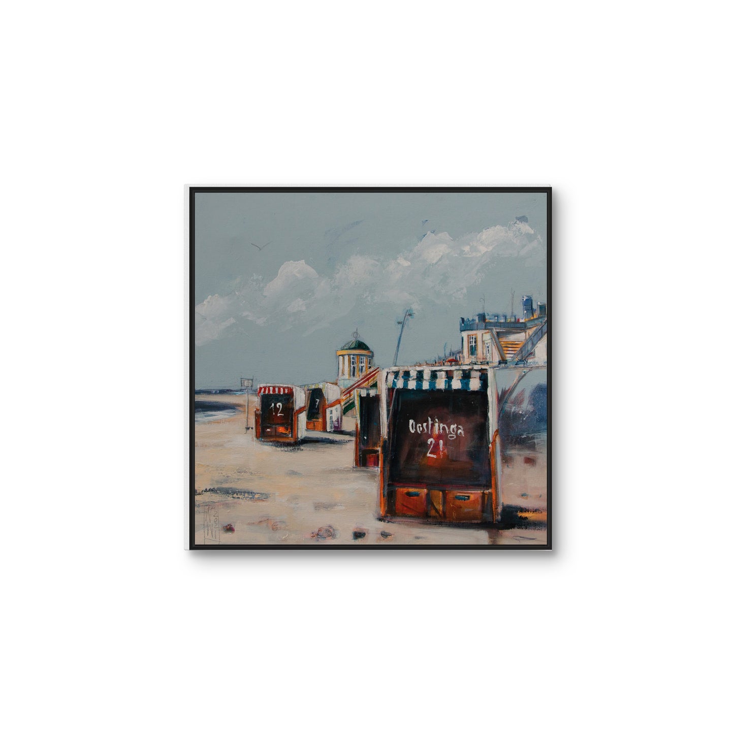 Borkum Promenade im Herbst mit schwarzem Schattenfugen schattenfugenrahmen gemalt von Nicole Wenning