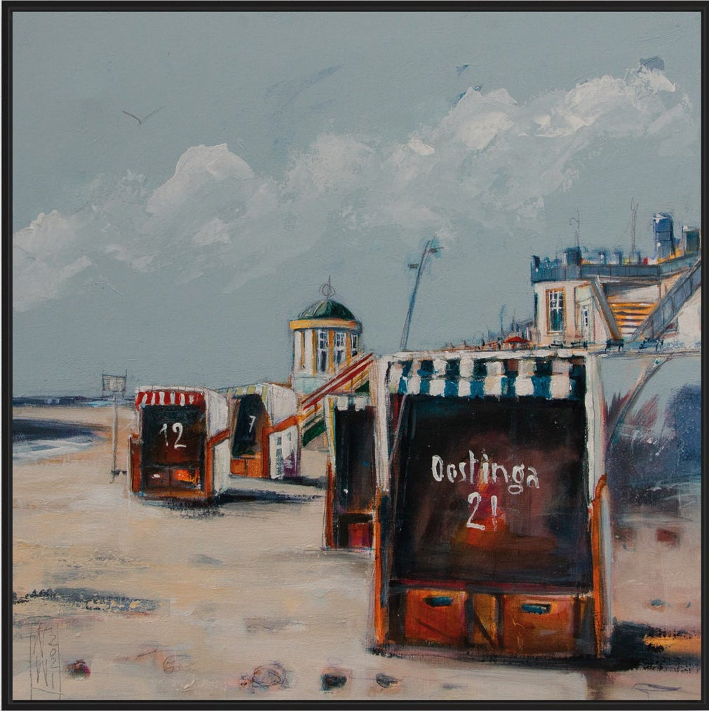 Borkum Promenade im Herbst mit schwarzem Schattenfugen schattenfugenrahmen gemalt von Nicole Wenning