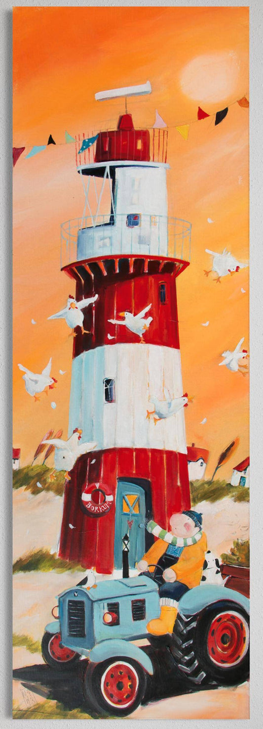 Elektrischer Leuchtturm Borkum mit Traktor - Leinwanddruck auf Keilrahmen - Atelier am Meer