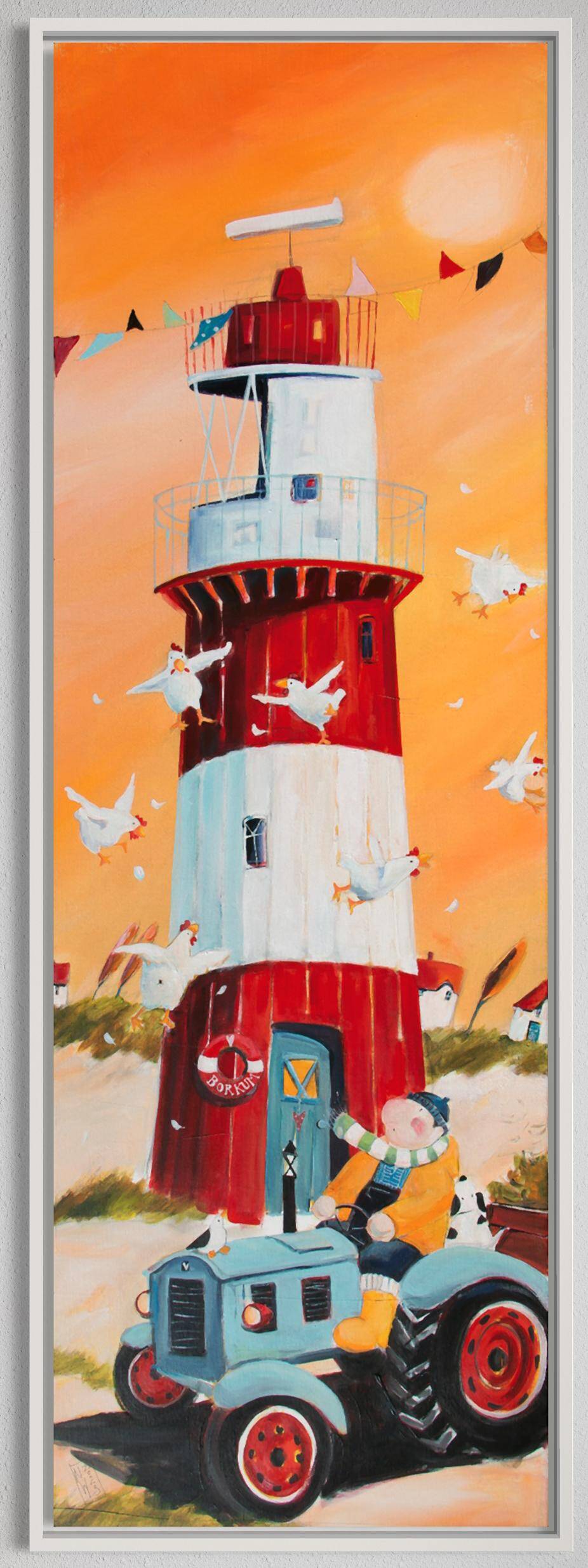 Elektrischer Leuchtturm Borkum mit Traktor - Leinwanddruck auf Keilrahmen - Atelier am Meer