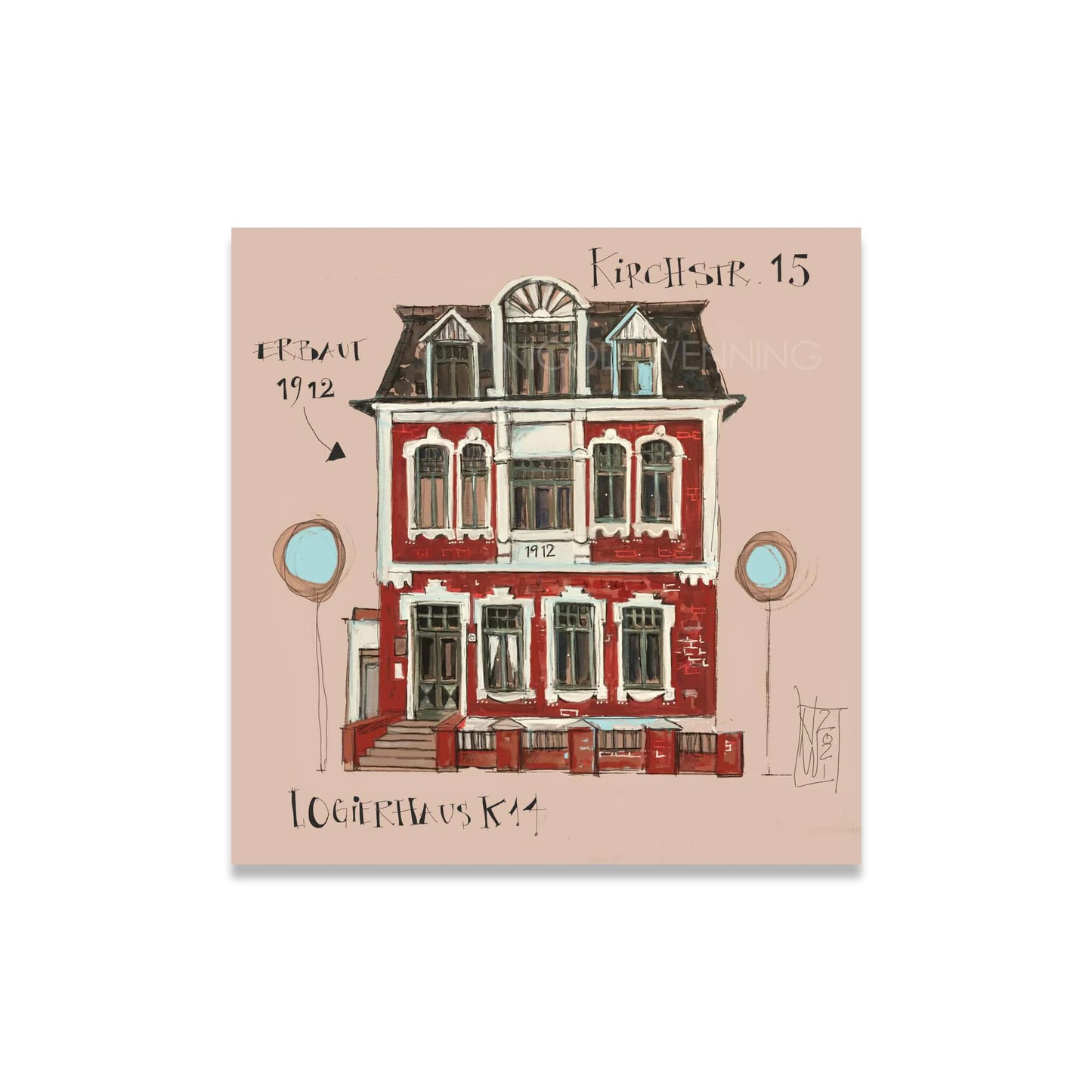 Das Logierhaus auf Borkum Illustration auf Keilrahmen von Nicole Wenning