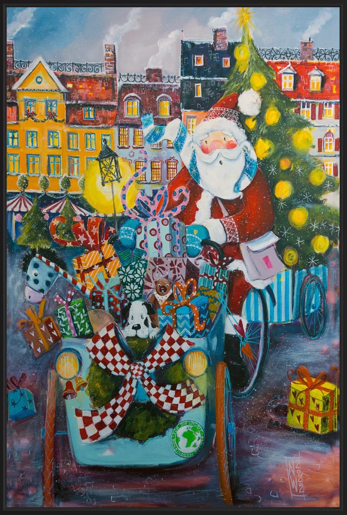Der Weihnachtsmann fährt auf einem Lastenfahrrad durch Kopenhagen - Leinwanddruck auf Keilrahmen - Atelier am Meer