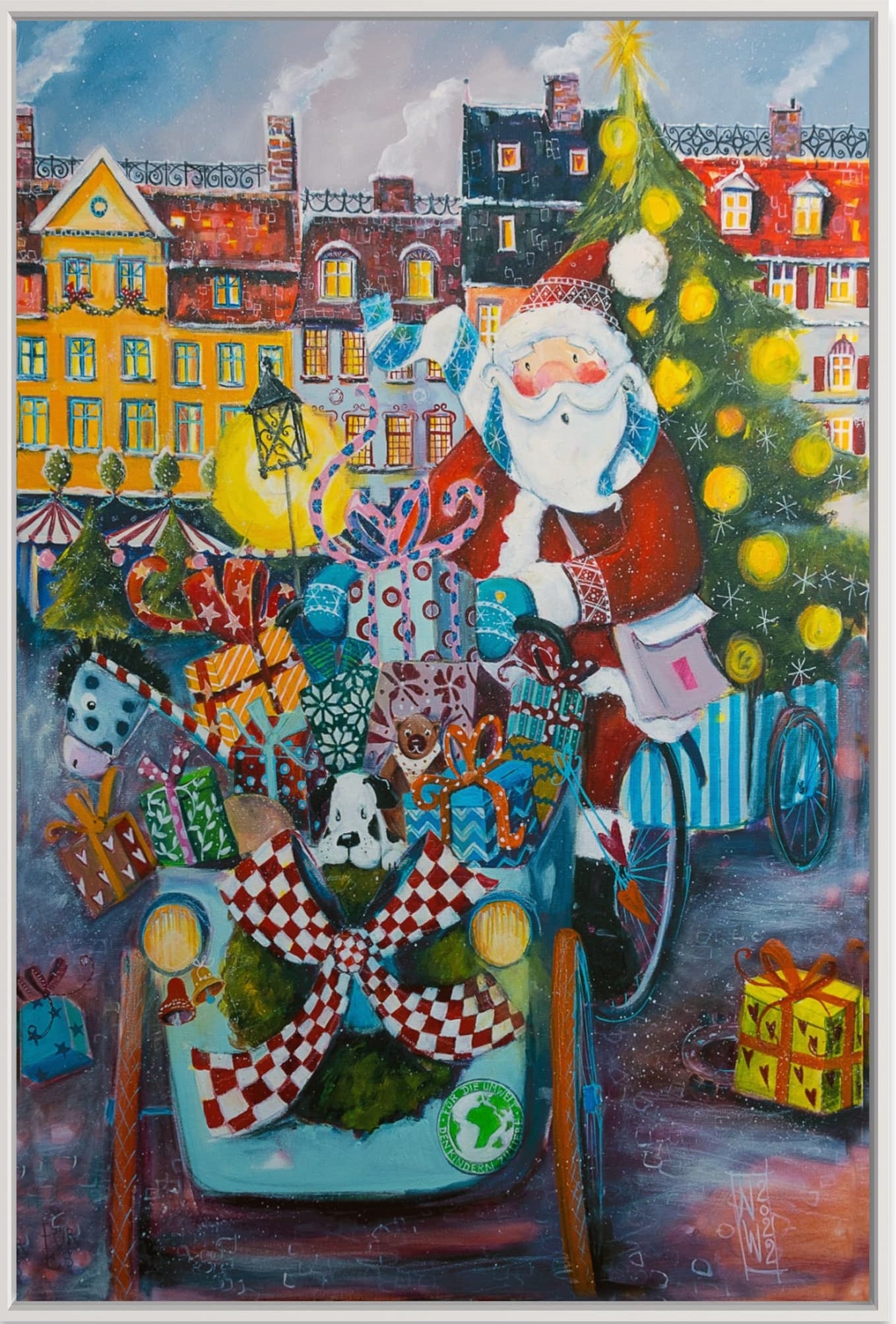 Der Weihnachtsmann fährt auf einem Lastenfahrrad durch Kopenhagen - Leinwanddruck auf Keilrahmen - Atelier am Meer