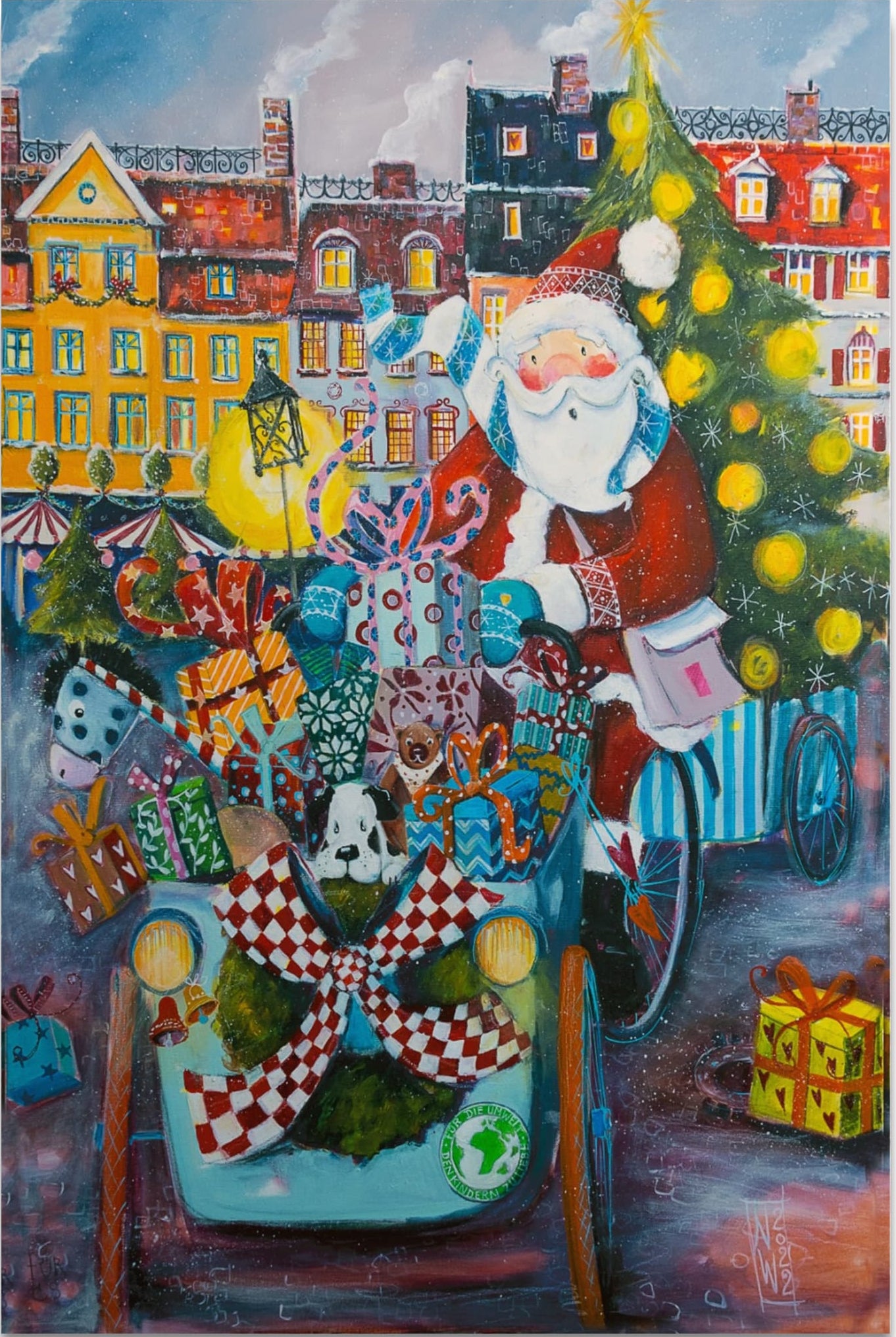 Der Weihnachtsmann fährt auf einem Lastenfahrrad durch Kopenhagen - Leinwanddruck auf Keilrahmen - Atelier am Meer