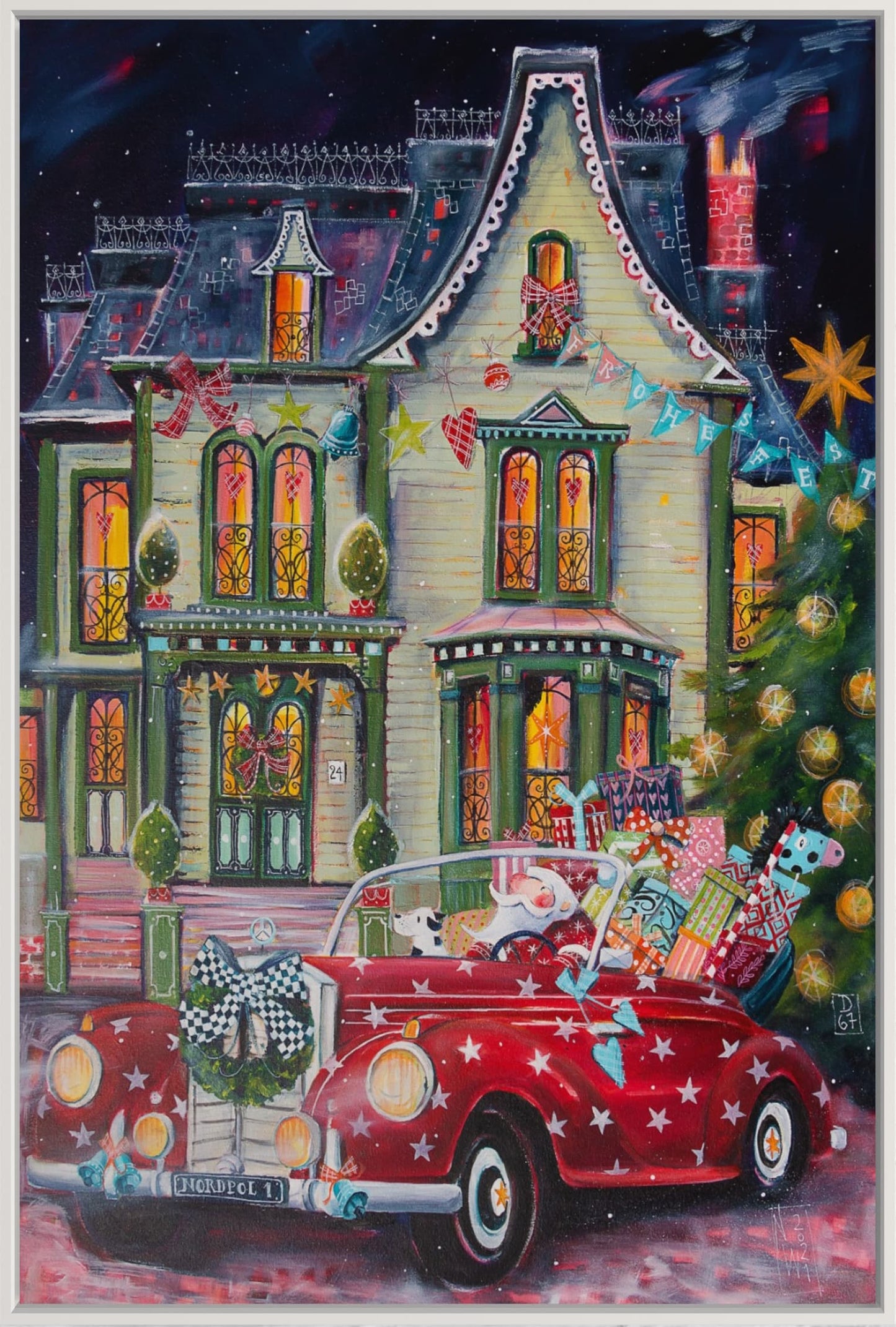 Weihnachtsmann im roten Mercedes - Leinwanddruck auf Keilrahment - Atelier am Meer