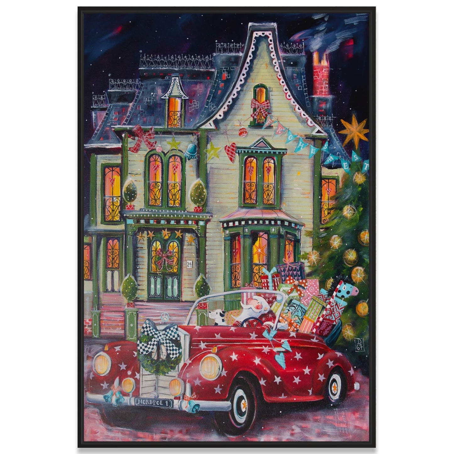 Weihnachtsmann im roten Mercedes - Leinwanddruck auf Keilrahment - Atelier am Meer