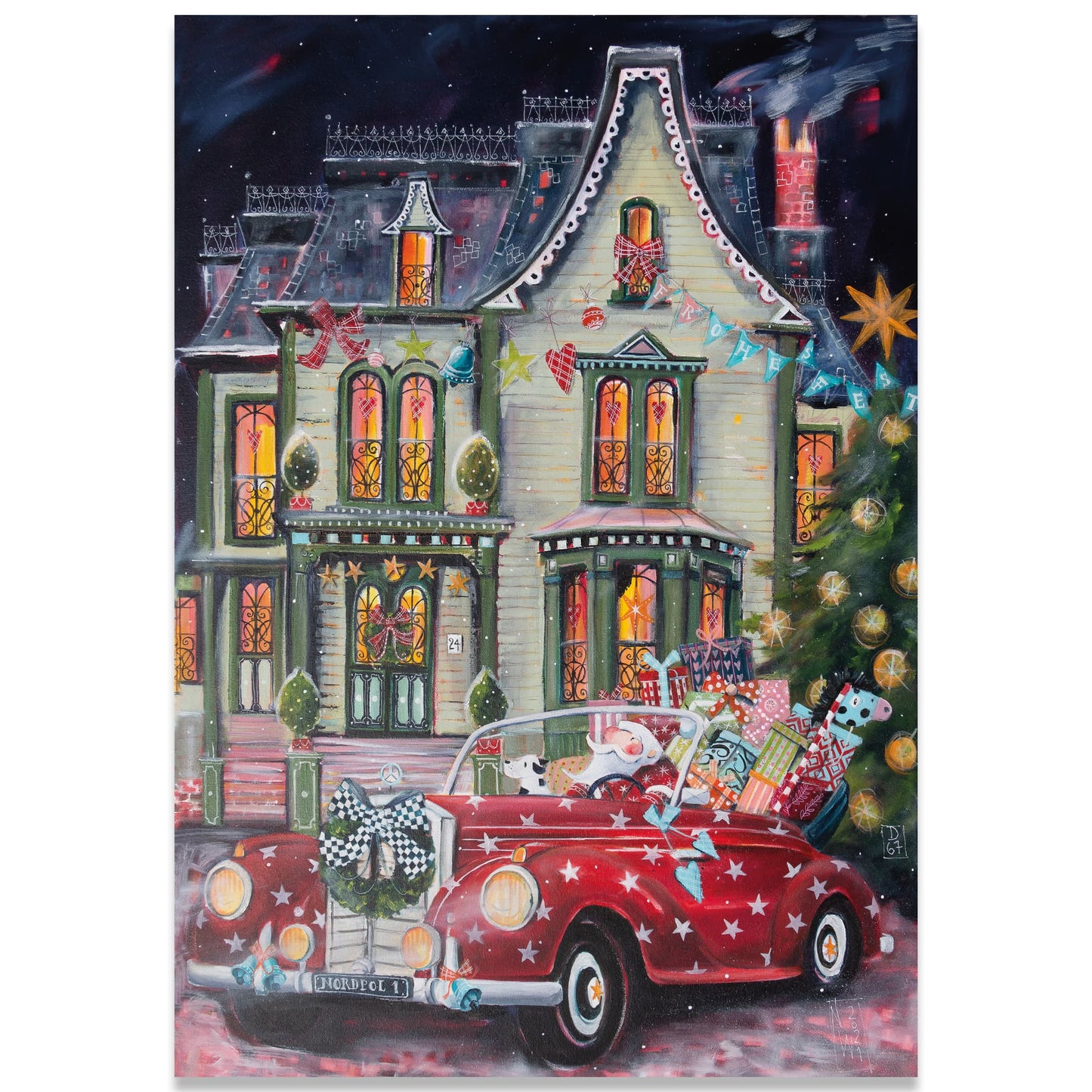 Weihnachtsmann im roten Mercedes - Leinwanddruck auf Keilrahment - Atelier am Meer