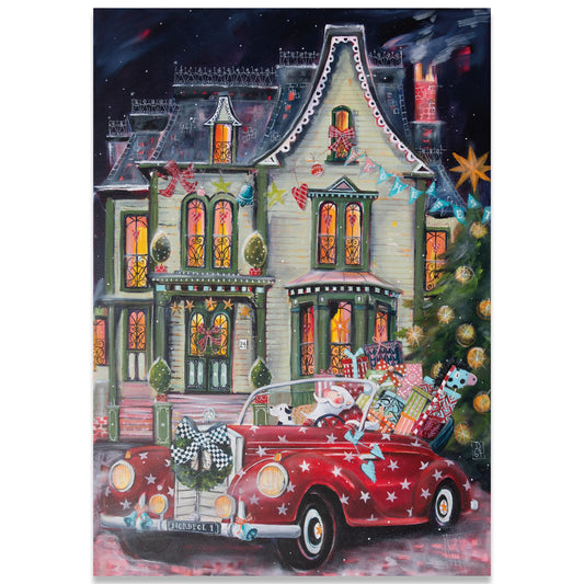 Weihnachtsmann im roten Mercedes - Leinwanddruck auf Keilrahment - Atelier am Meer