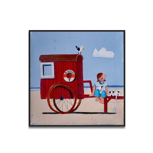 Die rote Badekappe mit Mädchen und Hund Leinwanddruck auf Keilrahmen gemalt von Nicole Wenning