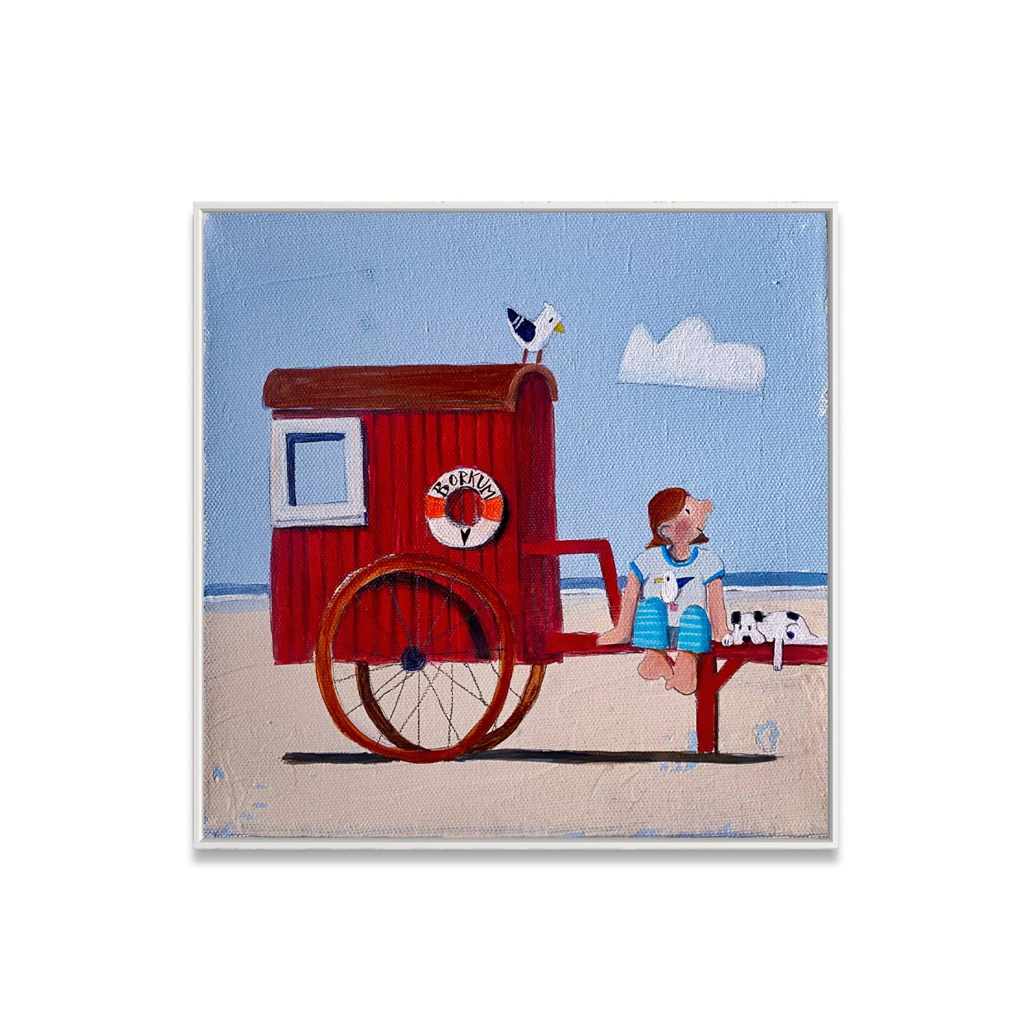Die rote Badekarre mit Mädchen und Hund, Leinwanddruck auf Keilrahmen von Nicole Benning Atelier am Meer