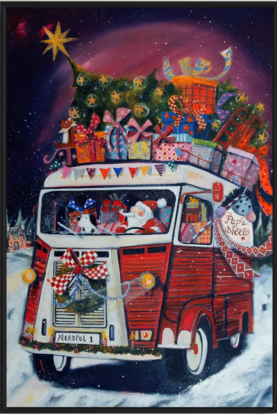 Weihnachtsmann mit dem Citroën HY - Leinwanddruck auf Keilrahmen - Handveredelt– fast wie ein Original ab 345 €