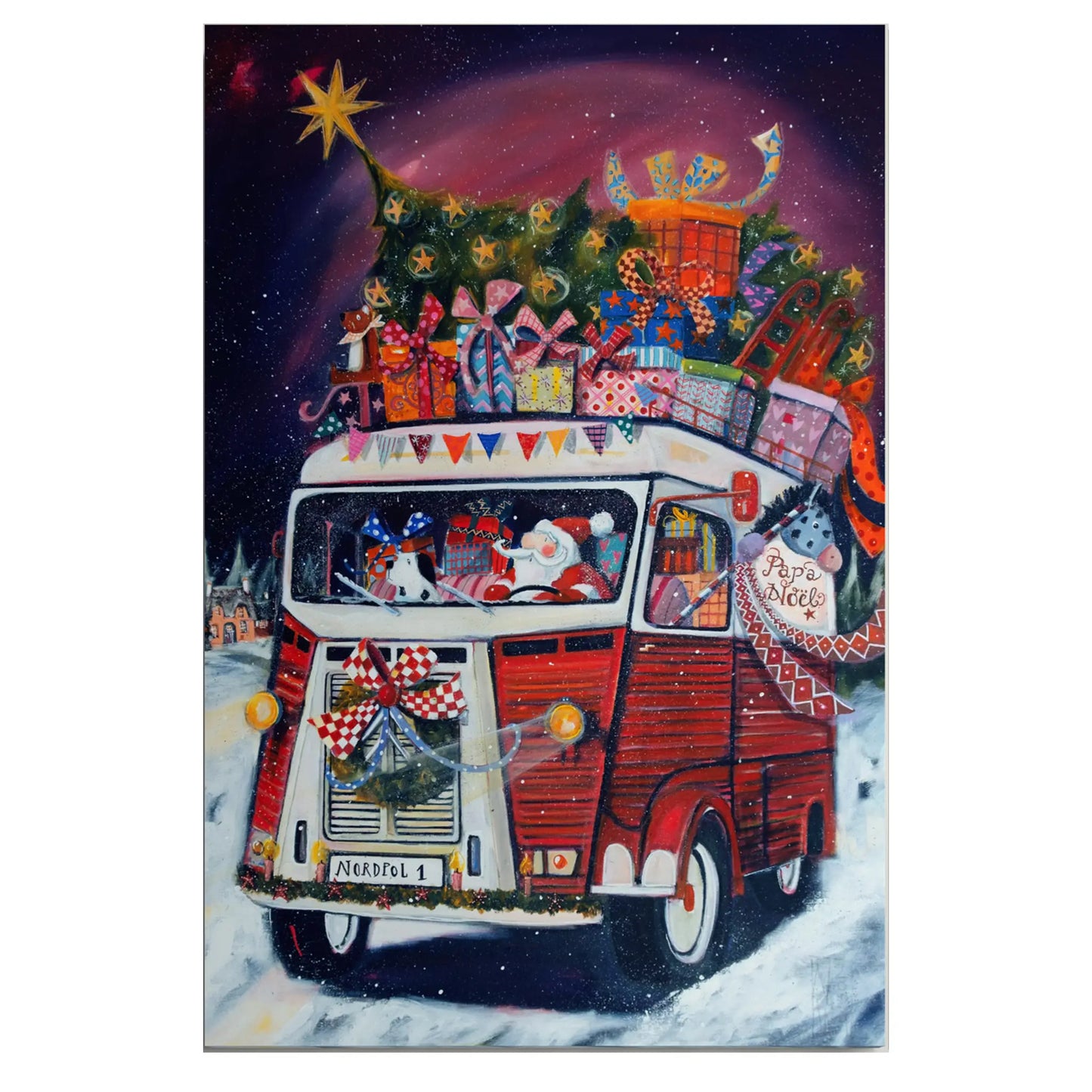 Weihnachtsmann mit dem Citroën HY - Leinwanddruck auf Keilrahmen - Handveredelt– fast wie ein Original ab 345 €