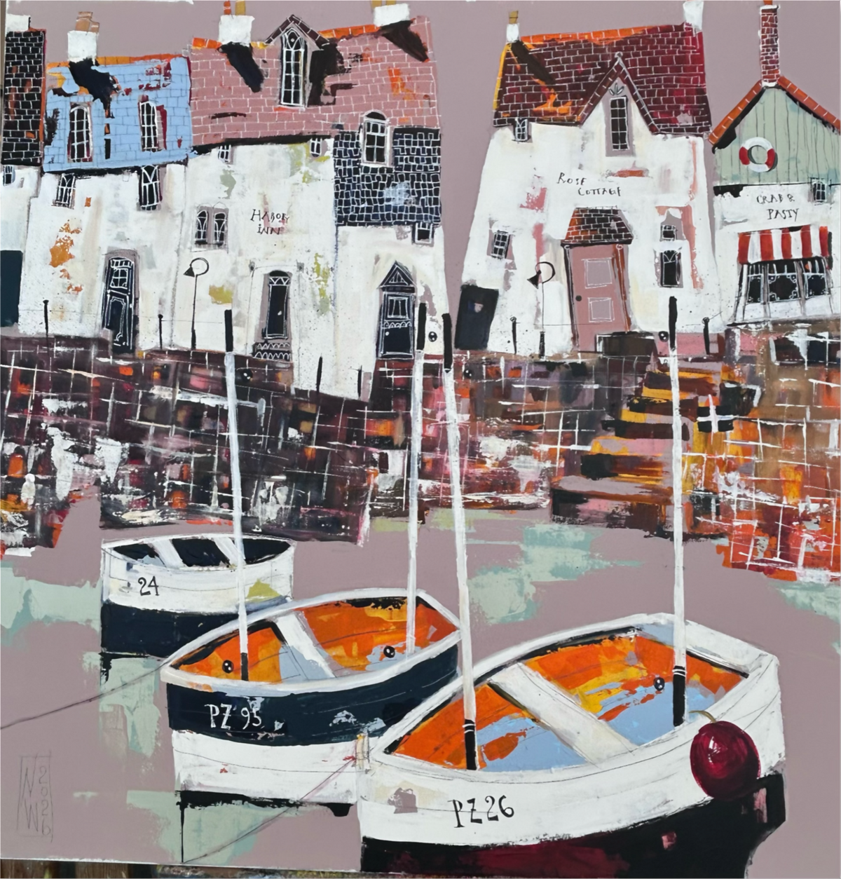 Originalgemälde Cornish Harbour von Nicole Wenning, 80 × 80 cm: Fischerboote vor historischen Hafenhäusern in Cornwall