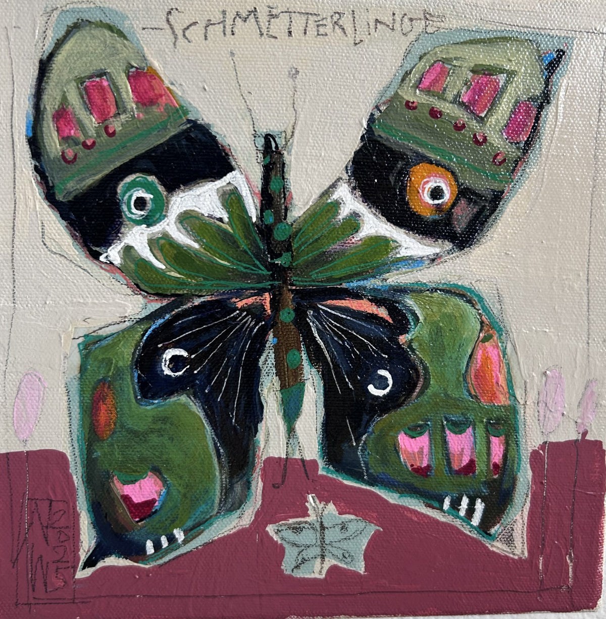 Original-Acrylgemälde von Nicole Wenning: fantasievoller Schmetterling in Grün, Rosa, Schwarz und Türkis vor hellem Hintergrund, 20 × 20 cm