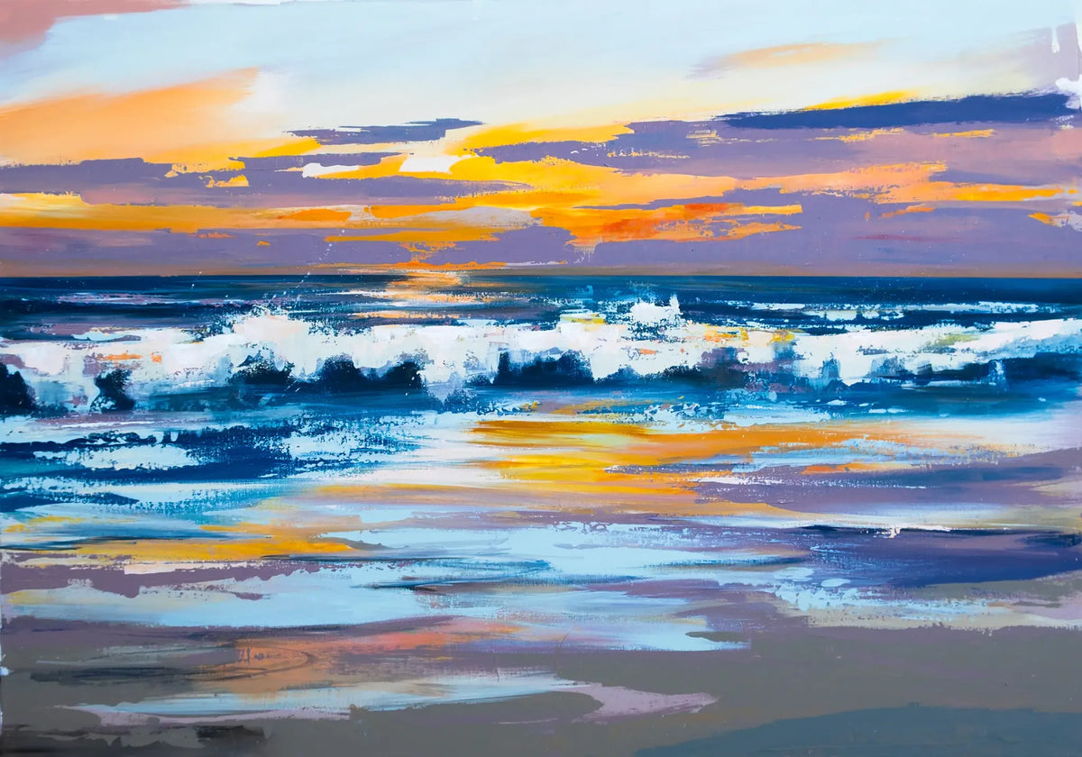 Sonnenuntergang am Meer von Nicole Wenning – Leinwanddruck mit blau-weißen Nordseewellen und orangefarbenem Himmel