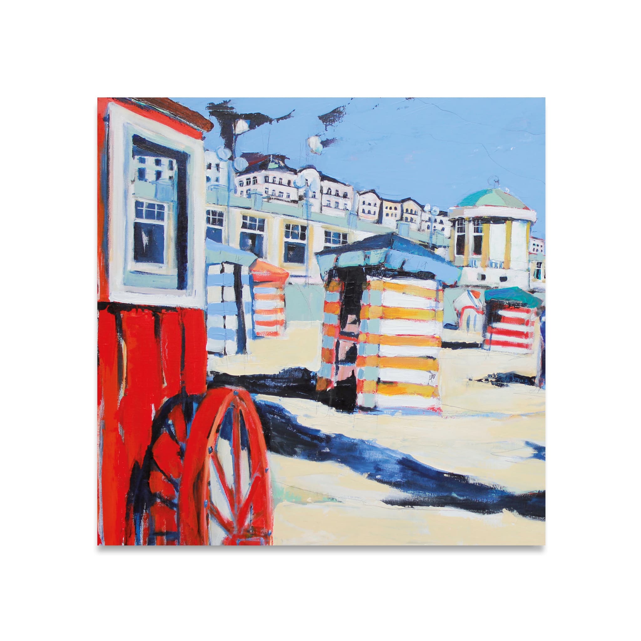 Die rote Badekarre mit der Promenade von Borkum Leinwanddruck von Nicole Wenning