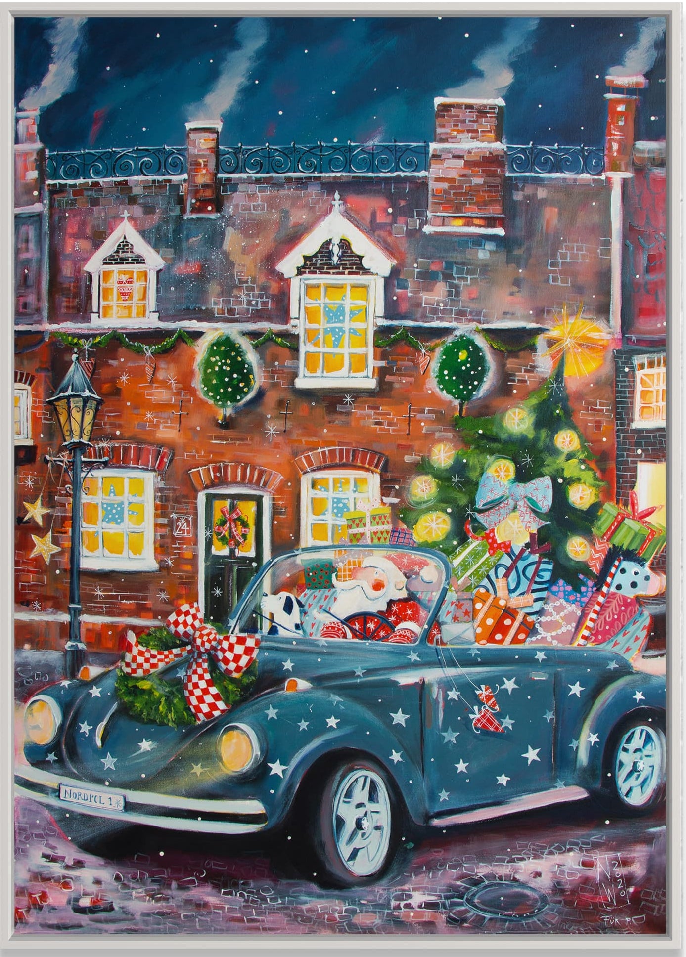 Der Weihnachtsmann in VW Cabrio - Leinwanddruck auf Keilrahmen - Atelier am Meer