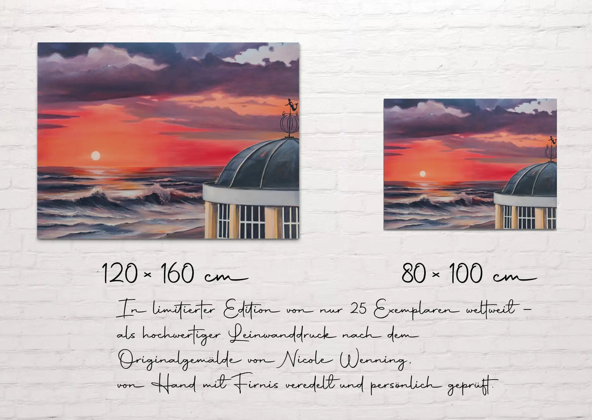 Sonnenuntergang am Borkumer Pavillon – Leinwanddruck auf Keilrahmen