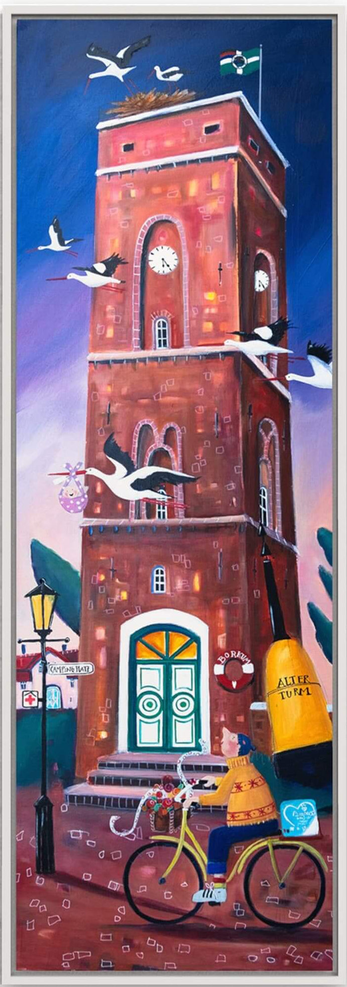 Alte Turm Borkum mit Störchen - Leinwanddruck auf Keilrahmen - Atelier am Meer 