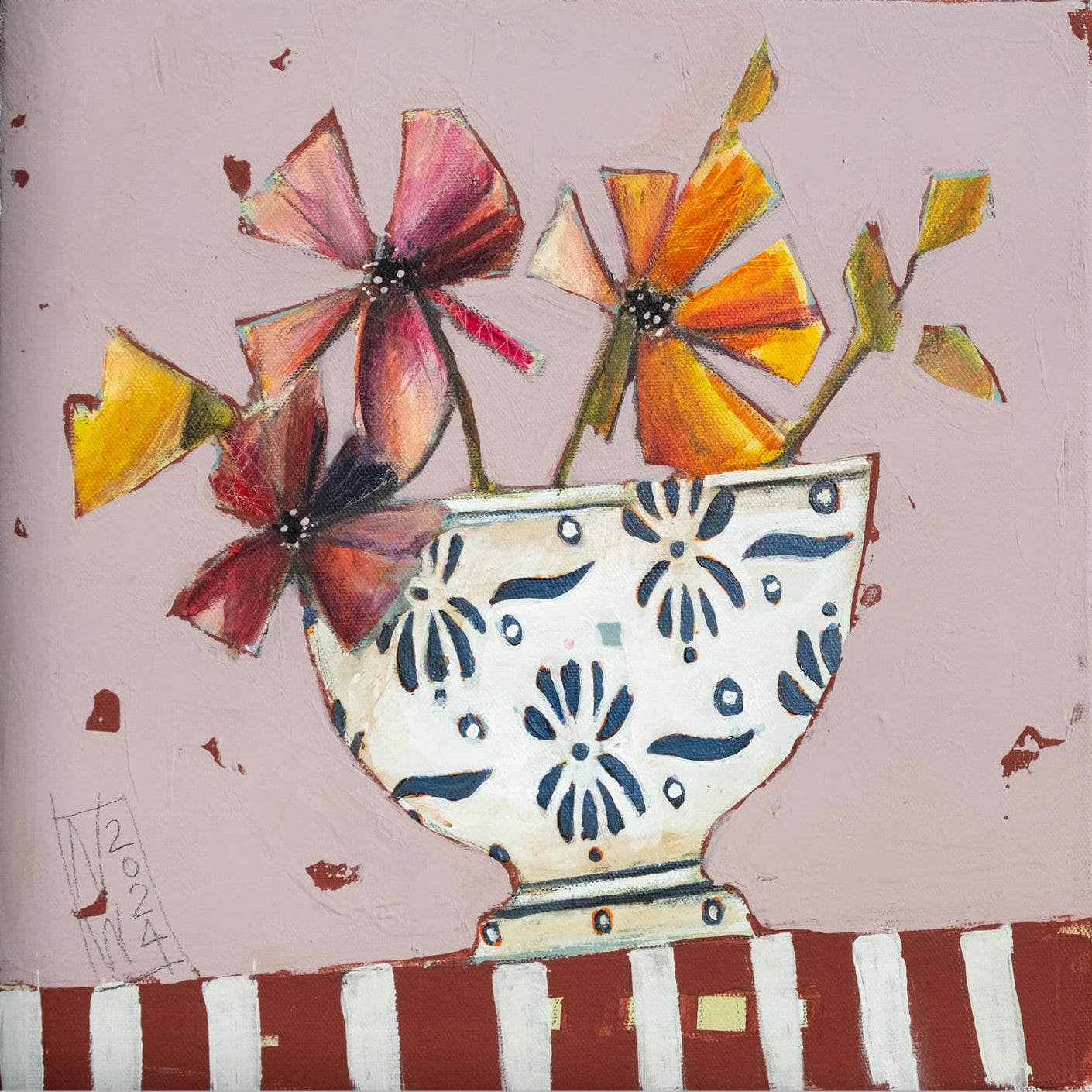 Blumen in weißen Schüsselchen - Leinwanddruck auf Keilrahmen - Atelier am Meer 
