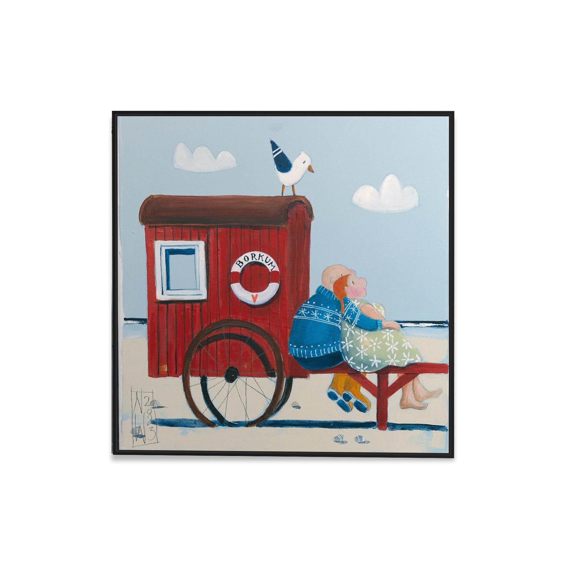 Altes Pärchen mit roter Badekarre Borkum Leinwanddruck auf Keilrahmen gemalt von Nicole Wenning