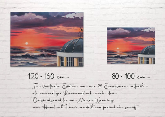 Sonnenuntergang am Borkumer Pavillon – Leinwanddruck auf Keilrahmen