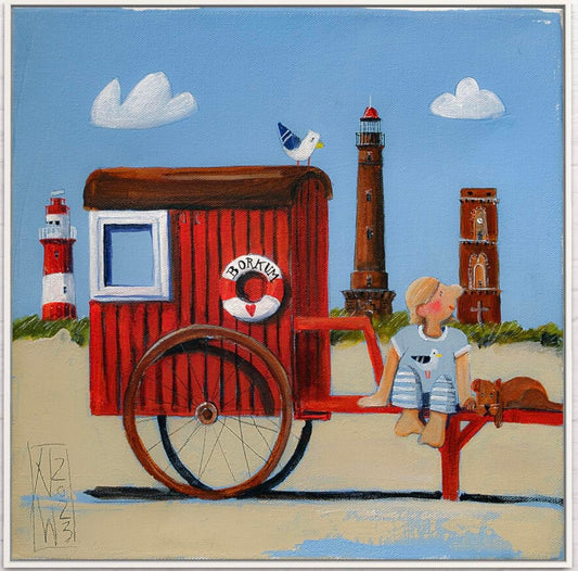 Sommer an der badekarre mit Leuchttürmen und Mädchen gemalt von Nicole Wenning