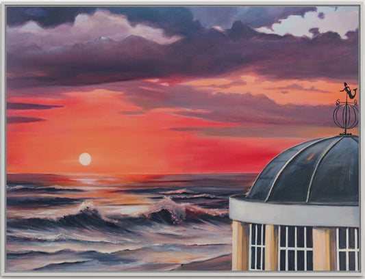 Sonnenuntergang am Borkumer Pavillon – Leinwanddruck auf Keilrahmen