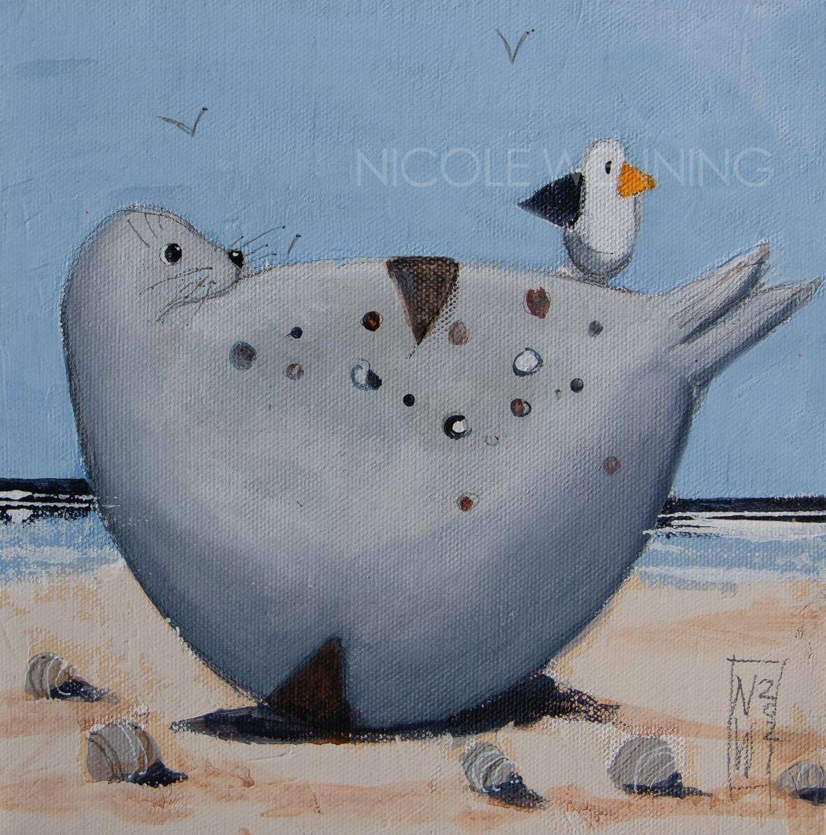 Seehund mit Möwe gemalt von Nicole Wenning