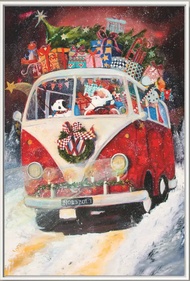 „Weihnachtsmann mit VW Bulli“ Leinwanddruck von Nicole Wenning | Atelier am Meer