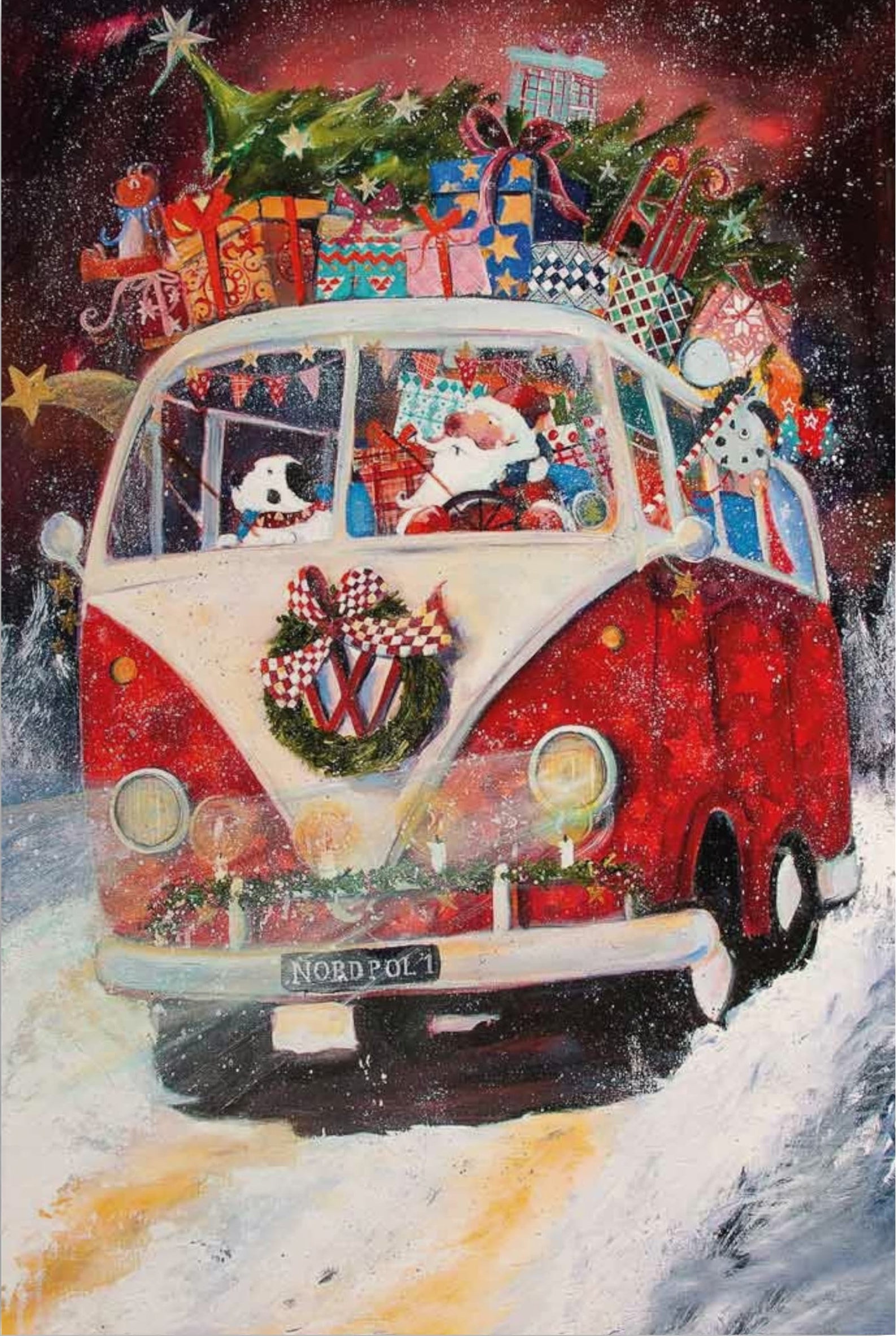 Weihnachtsmann mit VW Bulli - Leinwanddruck auf Keilrahmen - Atelier am Meer 