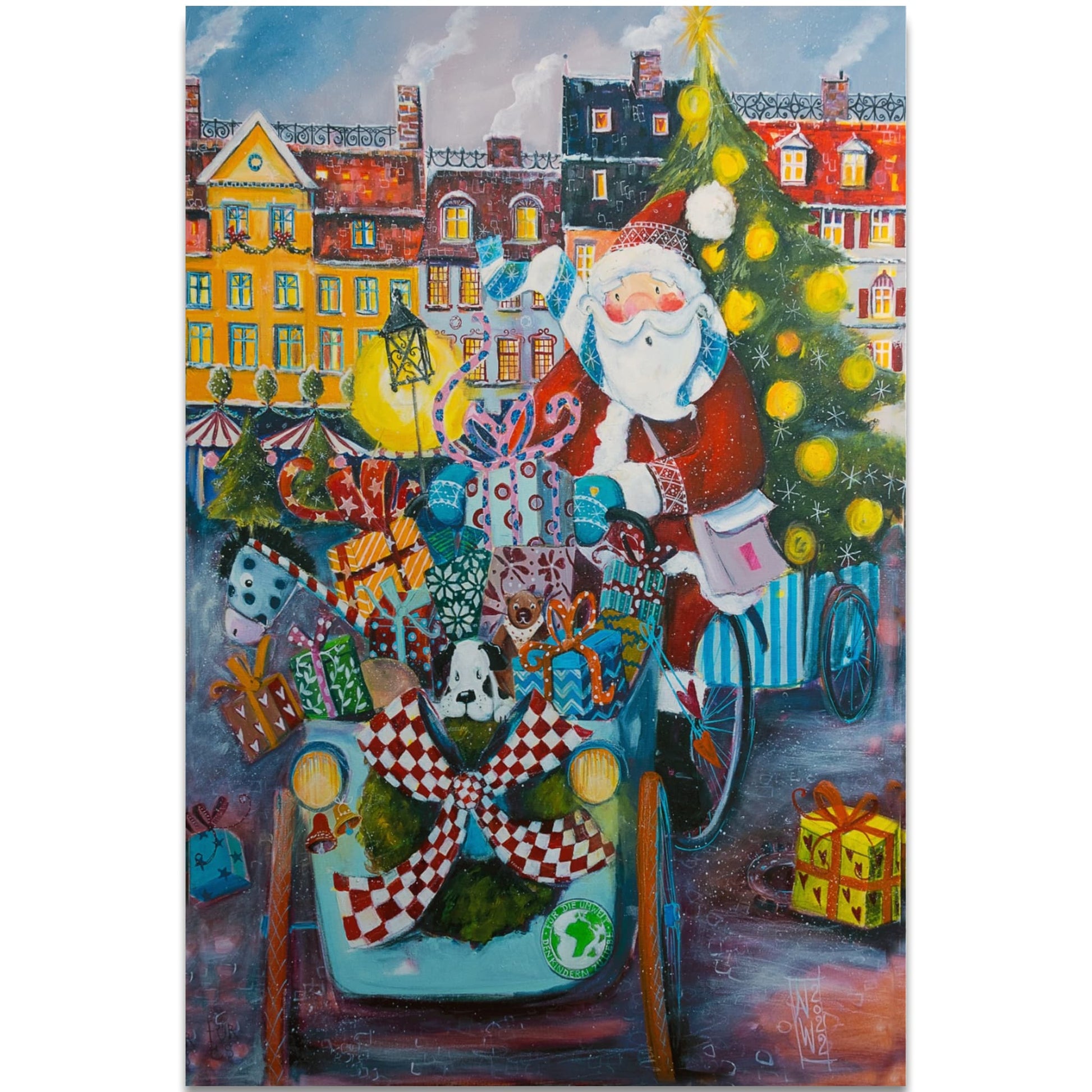 Der Weihnachtsmann fährt auf einem Lastenfahrrad durch Kopenhagen - Leinwanddruck auf Keilrahmen - Atelier am Meer 
