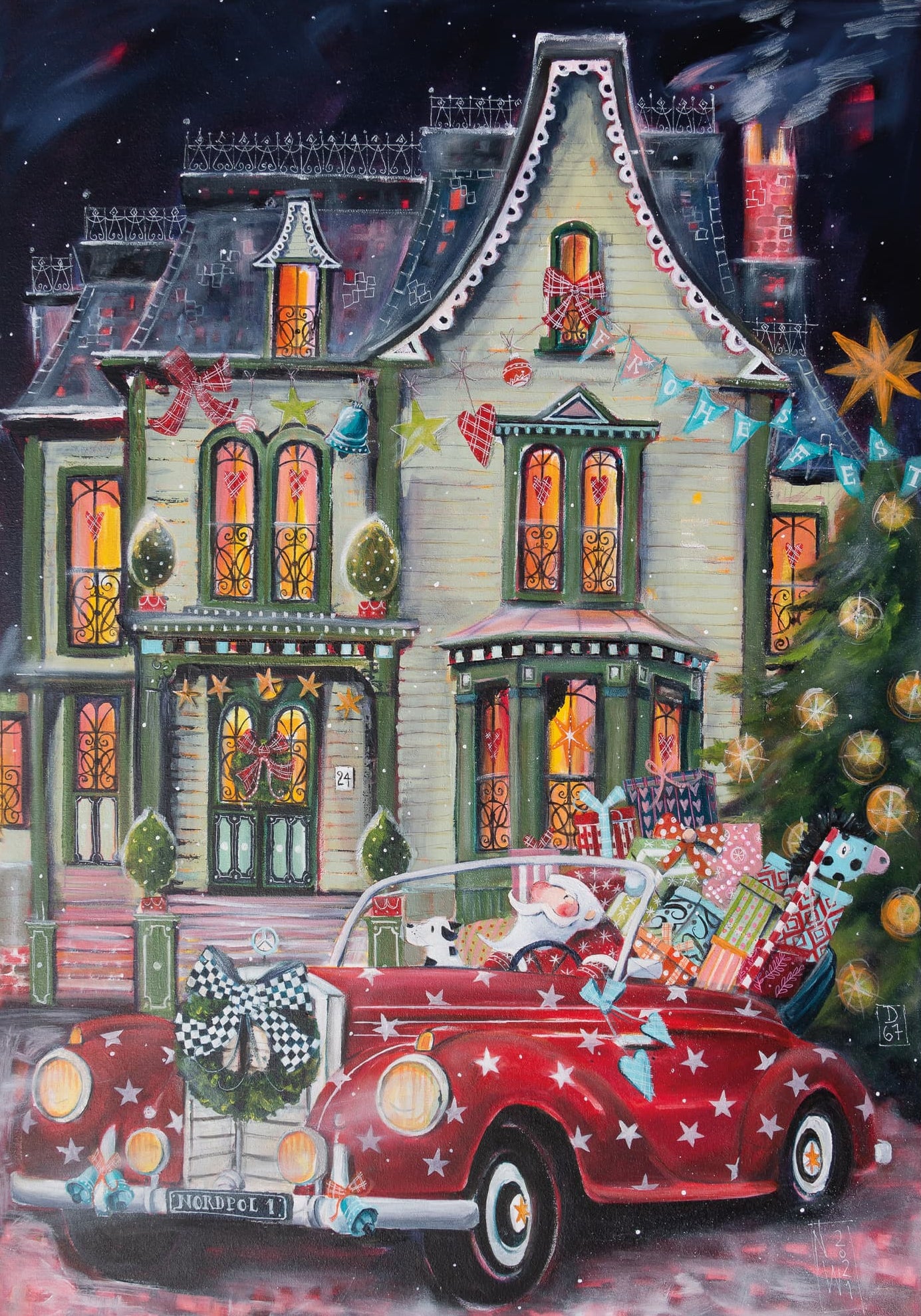 Weihnachtsmann im roten Mercedes - Leinwanddruck auf Keilrahment - Atelier am Meer 