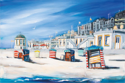 Promenade von Borkum mit Strand, idyll, Leinwanddruck auf Keilrahmen gemalt von Nicole Wenning Atelier am Meer Borkum