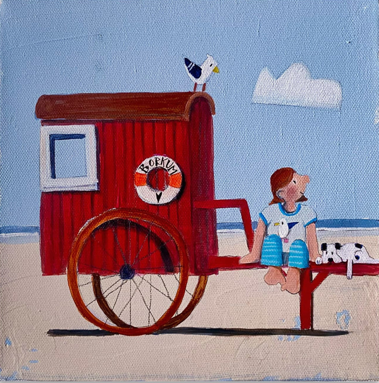 Die rote Badekarre mit Mädchen und Hund gemalt von Nicole Wenning Leinwanddruck auf Keilrahmen