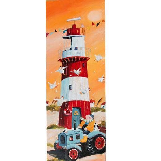 Der elektrische Leuchtturm von Borkum mit Bauern und Traktor gemalt von Nicole Wenning