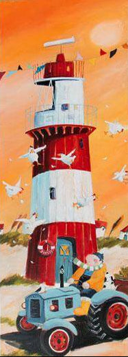 Der elektrische Leuchtturm von Borkum mit Bauern und Traktor gemalt von Nicole Wenning