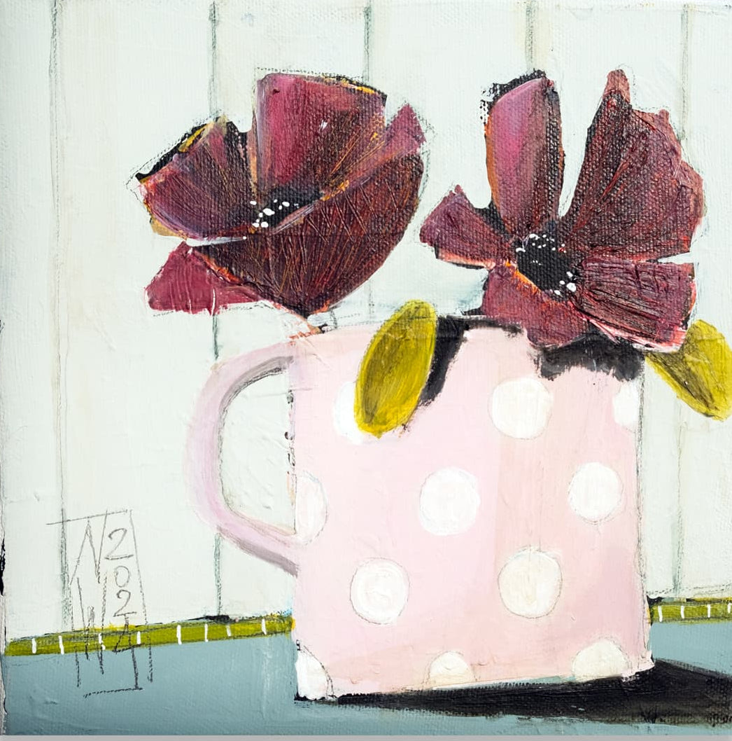 Stillleben, Blumen im rosakrug gemalt von Nicole Wenning Leinwanddruck auf Keilrahmen