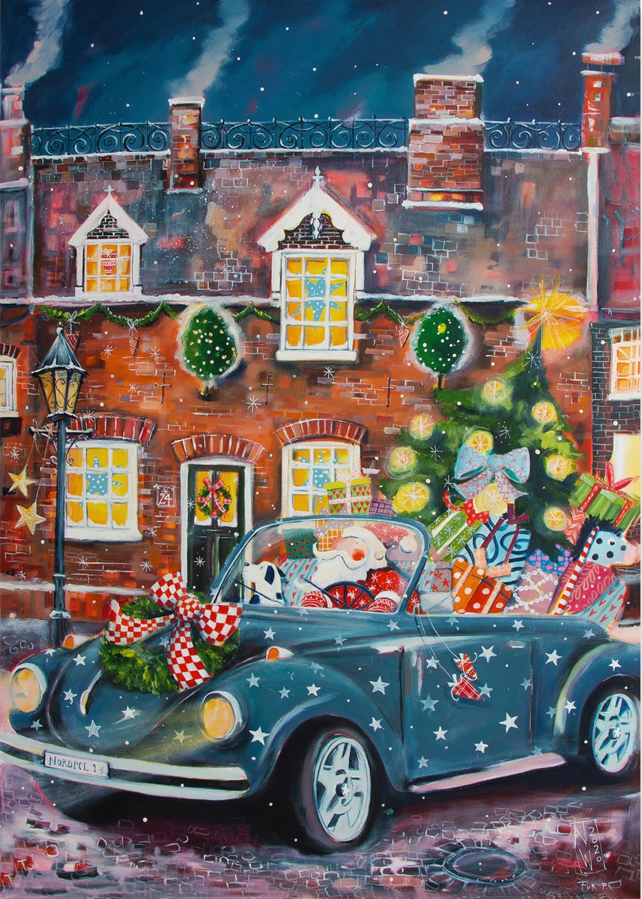 Der Weihnachtsmann in VW Cabrio - Leinwanddruck auf Keilrahmen - Atelier am Meer 