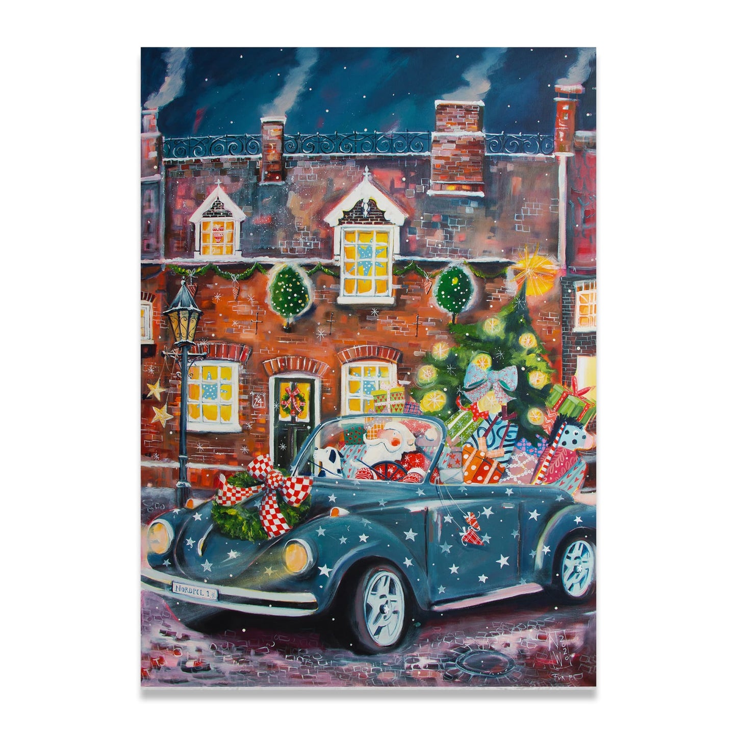 Der Weihnachtsmann in VW Cabrio - Leinwanddruck auf Keilrahmen - Atelier am Meer 