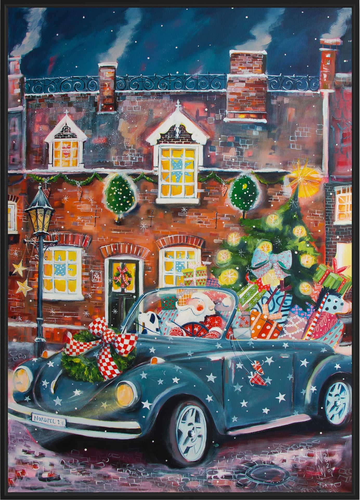 Der Weihnachtsmann in VW Cabrio - Leinwanddruck auf Keilrahmen - Atelier am Meer 
