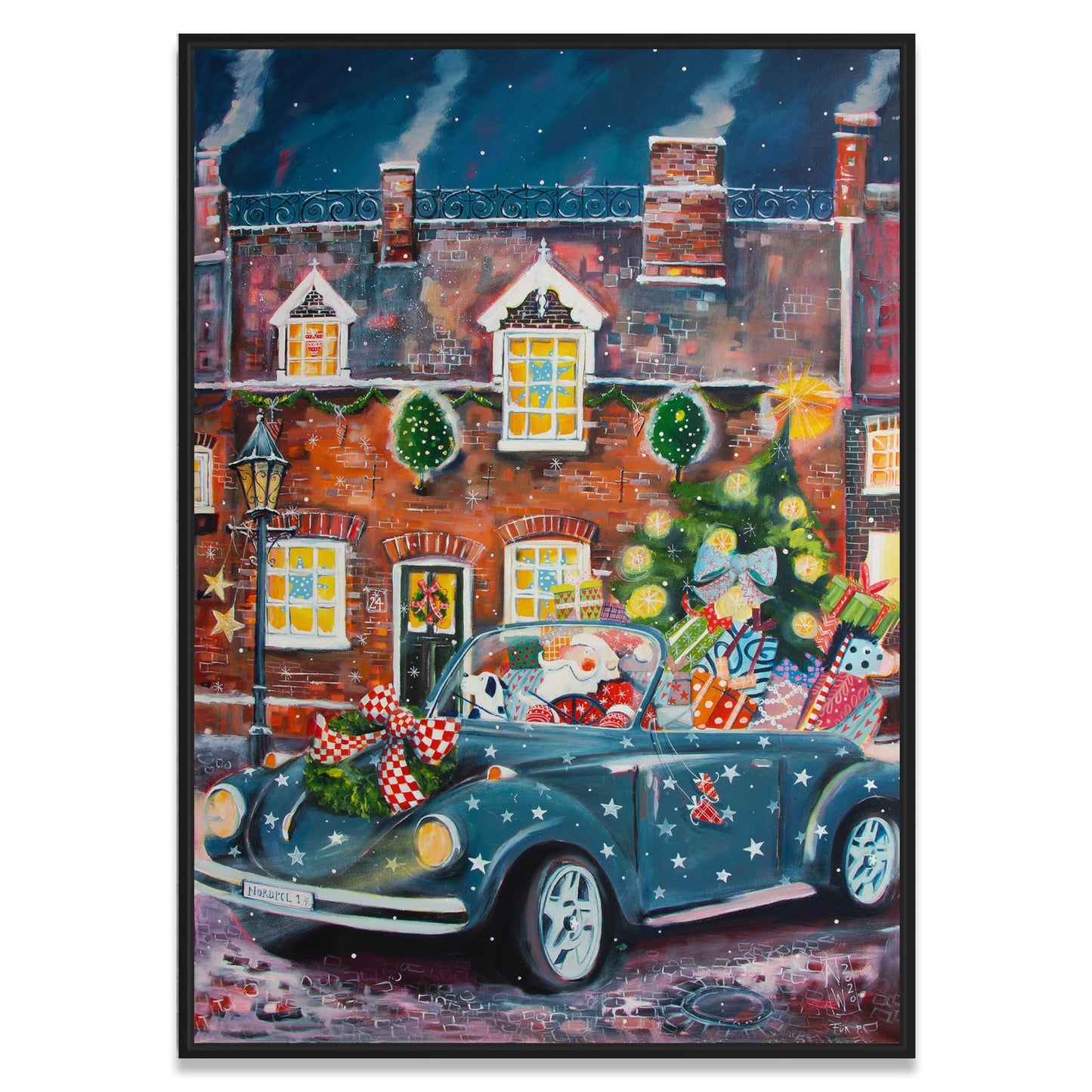 Der Weihnachtsmann in VW Cabrio - Leinwanddruck auf Keilrahmen - Atelier am Meer 