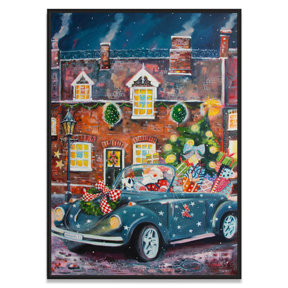 Der Weihnachtsmann in VW Cabrio - Leinwanddruck auf Keilrahmen - Atelier am Meer 
