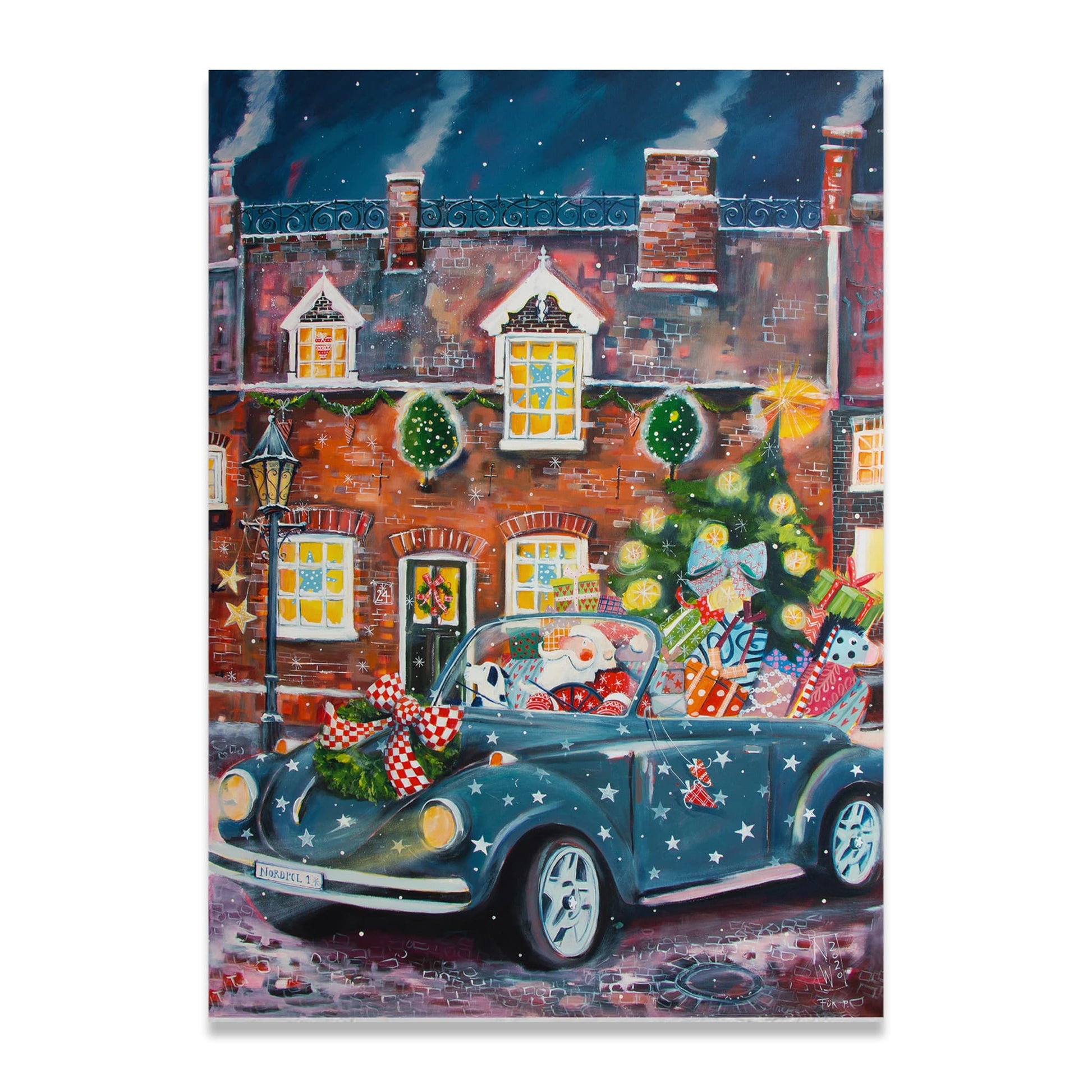 Der Weihnachtsmann in VW Cabrio - Leinwanddruck auf Keilrahmen - Atelier am Meer 
