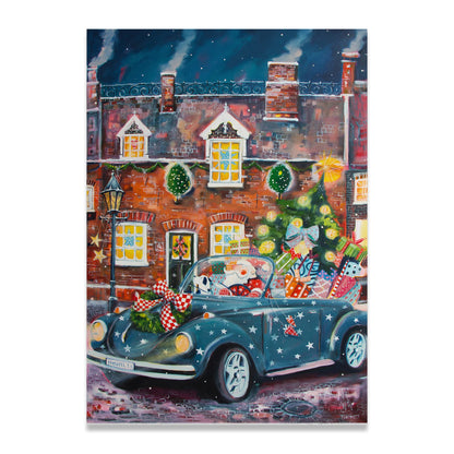 Der Weihnachtsmann in VW Cabrio - Leinwanddruck auf Keilrahmen - Atelier am Meer 
