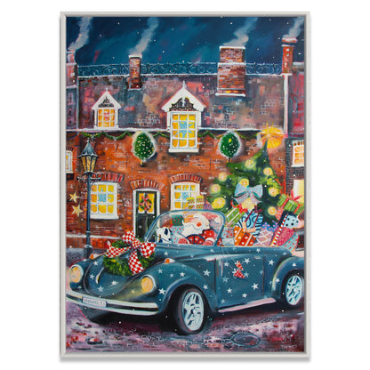 Der Weihnachtsmann in VW Cabrio - Leinwanddruck auf Keilrahmen - Atelier am Meer 